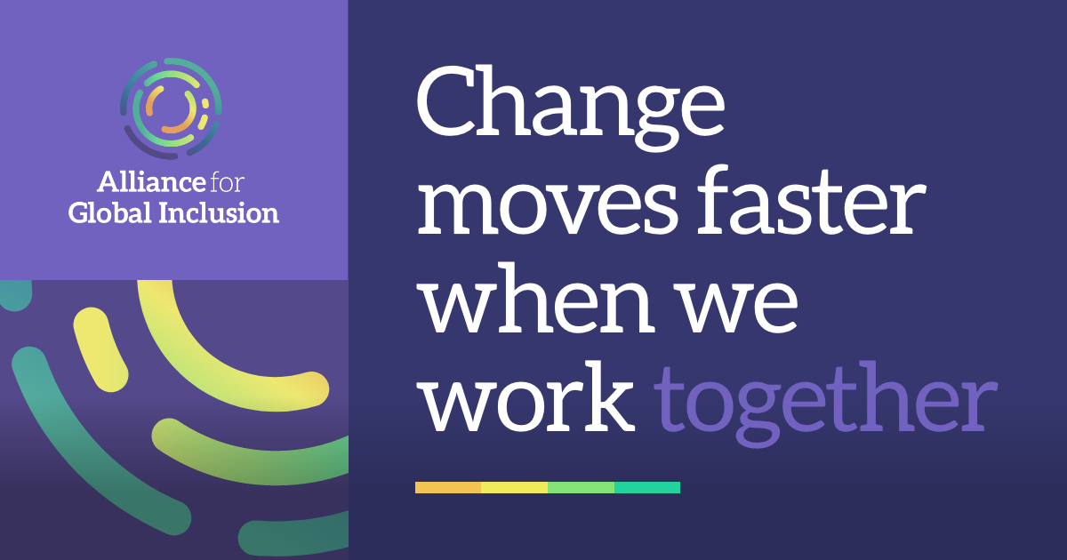 Alliance For Global Inclusion combination mark with the text "change moves faster when we work together", horizontal rectangle